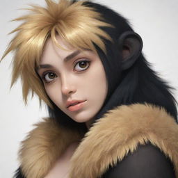 Anime style hybrid of a youthful human and an ape, with golden fur and deep black eyes. Looks mischievous yet kind.