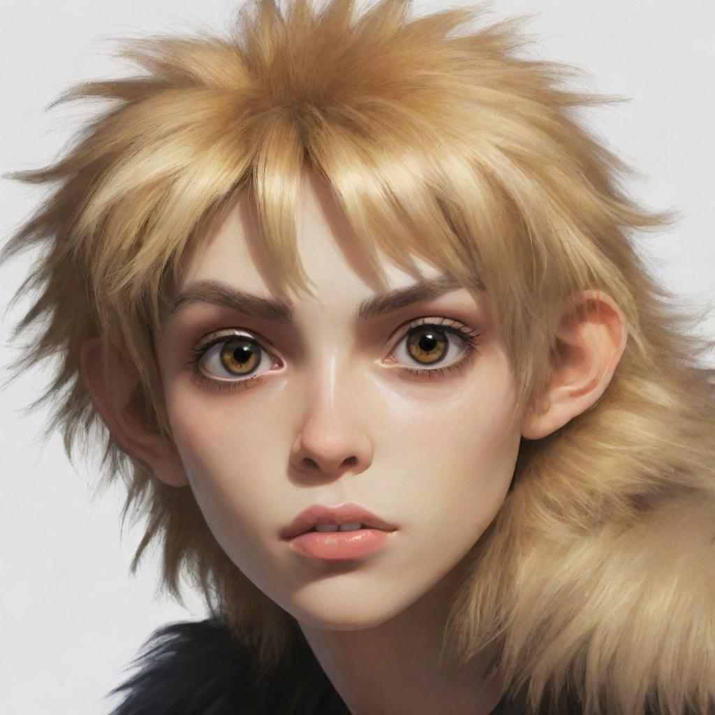 Anime style hybrid of a youthful human and an ape, with golden fur and deep black eyes. Looks mischievous yet kind.