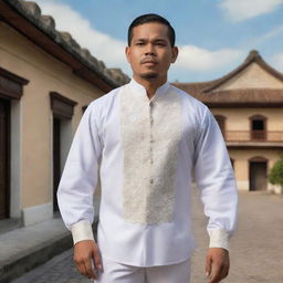 A depiction of a Filipino during the colonial period. He is dressed in traditional Barong Tagalog, standing against a backdrop of Spanish-era architectural buildings.