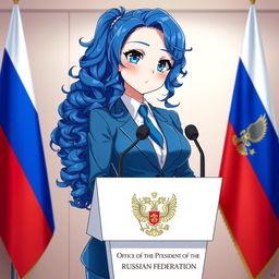 An anime-style illustration of a blue-haired girl with long, curly hair and captivating blue eyes, featuring large breasts