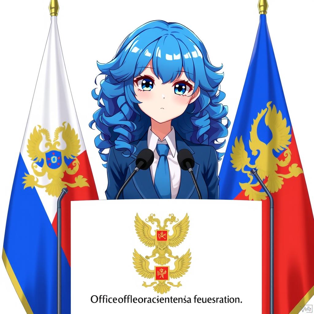 An anime-style illustration of a blue-haired girl with long, curly hair and captivating blue eyes, featuring large breasts