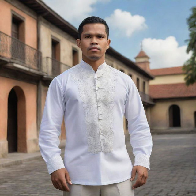 A depiction of a Filipino during the colonial period. He is dressed in traditional Barong Tagalog, standing against a backdrop of Spanish-era architectural buildings.