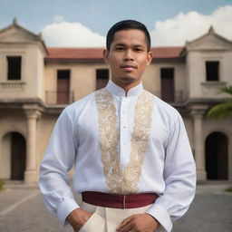 A depiction of a Filipino during the colonial period. He is dressed in traditional Barong Tagalog, standing against a backdrop of Spanish-era architectural buildings.