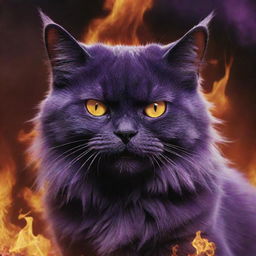 A world ablaze, set as a backdrop for the enormous, horrifyingly angry purple cat, whose fiery eyes reflect the burning world beneath.