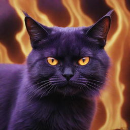 A world ablaze, set as a backdrop for the enormous, horrifyingly angry purple cat, whose fiery eyes reflect the burning world beneath.