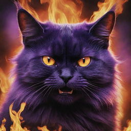 A world ablaze, set as a backdrop for the enormous, horrifyingly angry purple cat, whose fiery eyes reflect the burning world beneath.