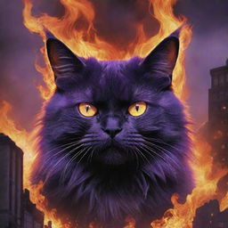 A world ablaze, set as a backdrop for the enormous, horrifyingly angry purple cat, whose fiery eyes reflect the burning world beneath.