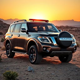 A powerful and rugged Nissan Patrol SUV against a stunning backdrop of a desert landscape, showcasing its impressive off-road capabilities