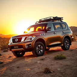 A powerful and rugged Nissan Patrol SUV against a stunning backdrop of a desert landscape, showcasing its impressive off-road capabilities