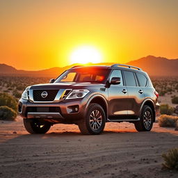 A powerful and rugged Nissan Patrol SUV against a stunning backdrop of a desert landscape, showcasing its impressive off-road capabilities