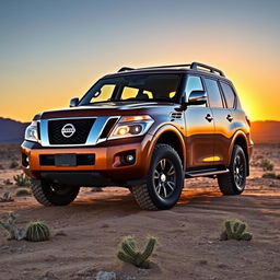 A powerful and rugged Nissan Patrol SUV against a stunning backdrop of a desert landscape, showcasing its impressive off-road capabilities