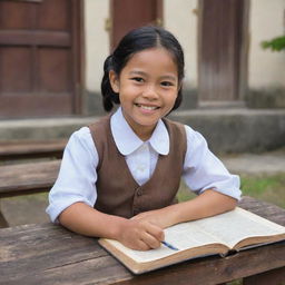 A joyful Filipino child, studying during the colonial period, dressed in period-appropriate clothing, sitting at a wooden desk, with old textbooks, against the backdrop of a traditional school building.