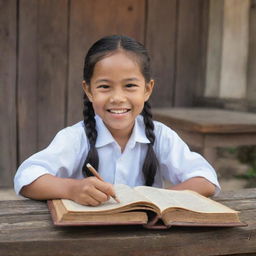 A joyful Filipino child, studying during the colonial period, dressed in period-appropriate clothing, sitting at a wooden desk, with old textbooks, against the backdrop of a traditional school building.