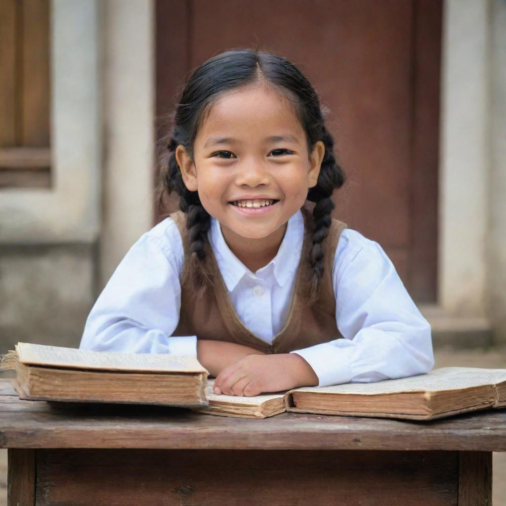 A joyful Filipino child, studying during the colonial period, dressed in period-appropriate clothing, sitting at a wooden desk, with old textbooks, against the backdrop of a traditional school building.