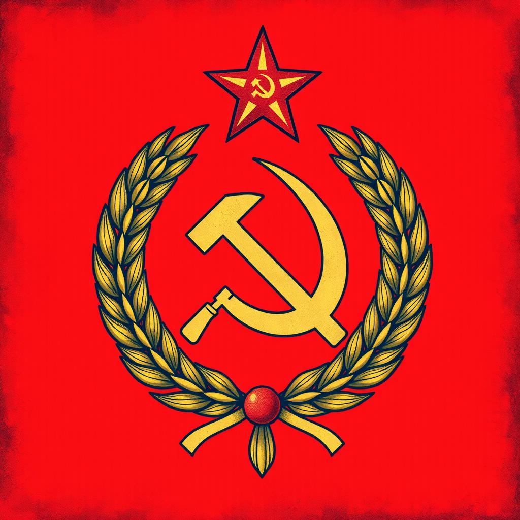 A detailed and vivid illustration of the emblem of the Soviet Union, featuring the iconic hammer and sickle symbol prominently at the center