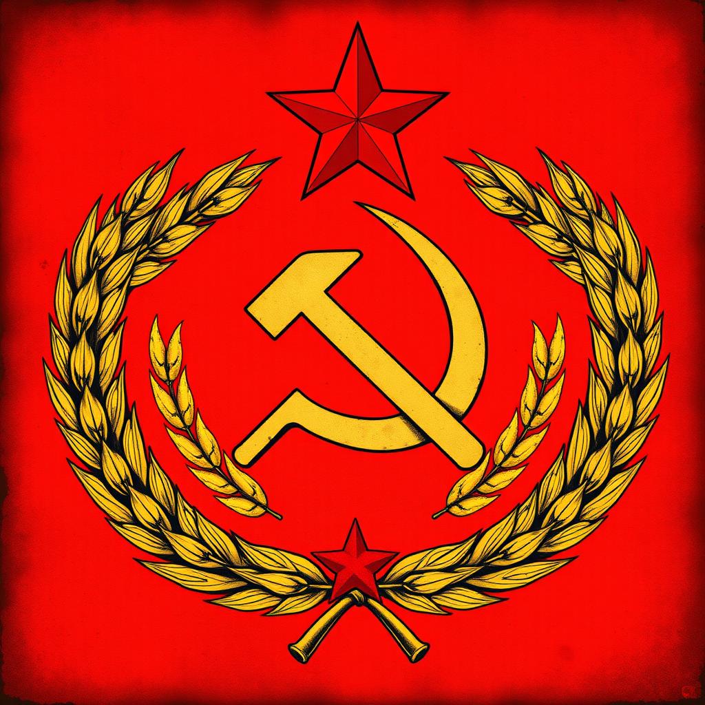 A detailed and vivid illustration of the emblem of the Soviet Union, featuring the iconic hammer and sickle symbol prominently at the center