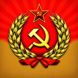 A detailed and vivid illustration of the emblem of the Soviet Union, featuring the iconic hammer and sickle symbol prominently at the center