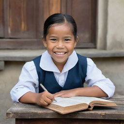 A joyful Filipino child, studying during the colonial period, dressed in period-appropriate clothing, sitting at a wooden desk, with old textbooks, against the backdrop of a traditional school building.