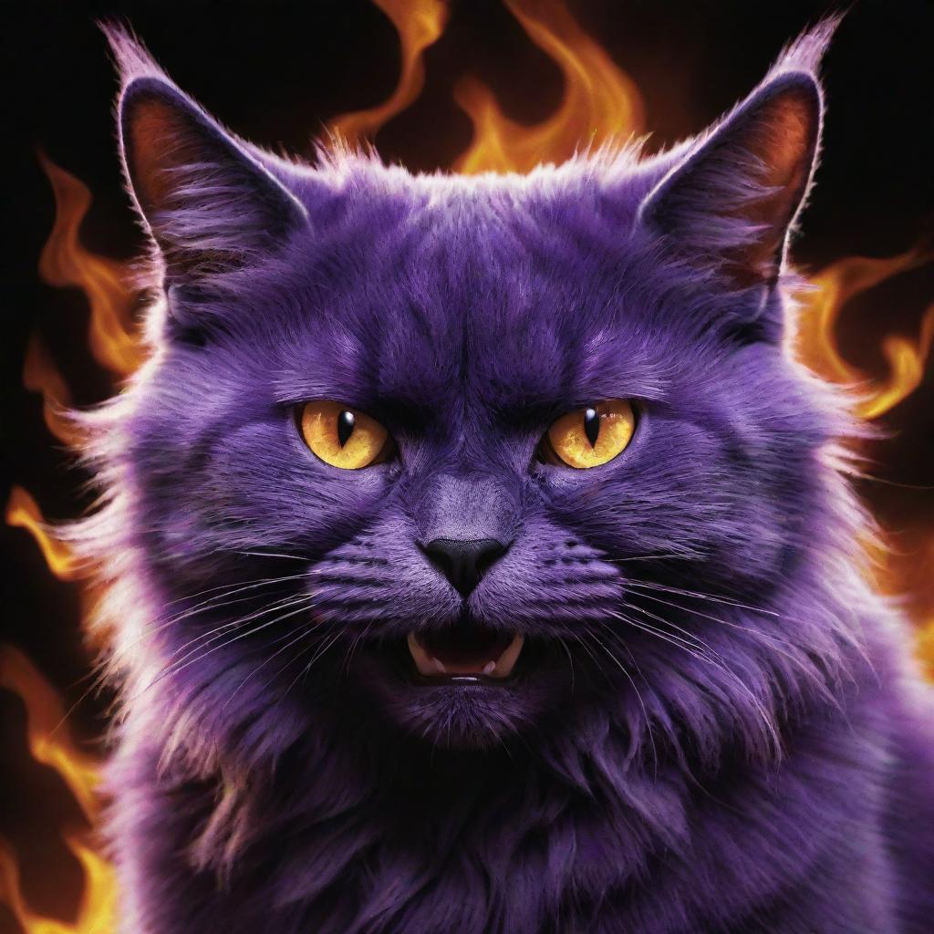 Intensify the monstrous purple cat, taking its anger and evil aura to a terrifying new level, its eyes wildly ablaze, reflecting infernal chaos that matches the burning world below.