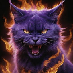 Intensify the monstrous purple cat, taking its anger and evil aura to a terrifying new level, its eyes wildly ablaze, reflecting infernal chaos that matches the burning world below.