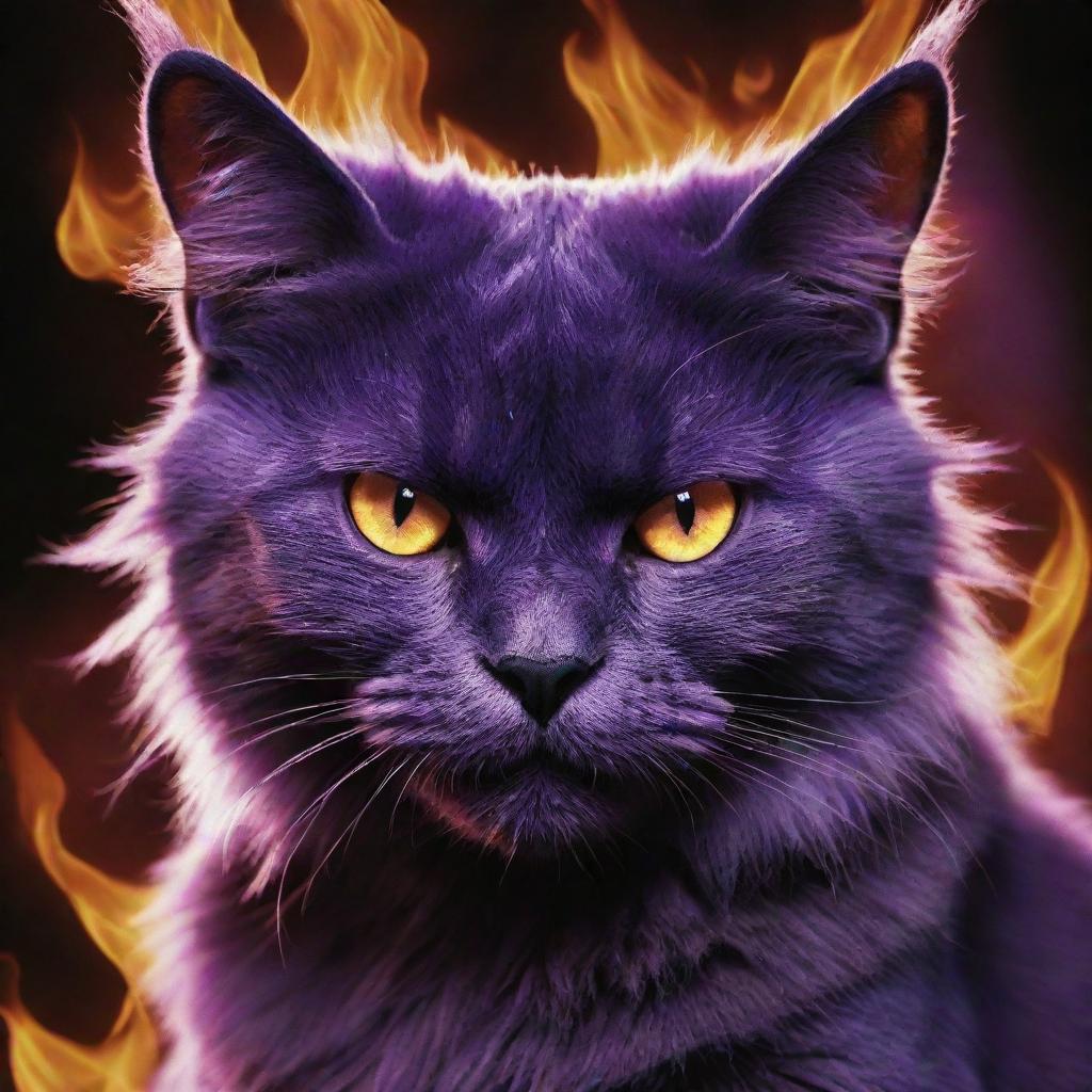 Intensify the monstrous purple cat, taking its anger and evil aura to a terrifying new level, its eyes wildly ablaze, reflecting infernal chaos that matches the burning world below.