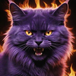 Intensify the monstrous purple cat, taking its anger and evil aura to a terrifying new level, its eyes wildly ablaze, reflecting infernal chaos that matches the burning world below.