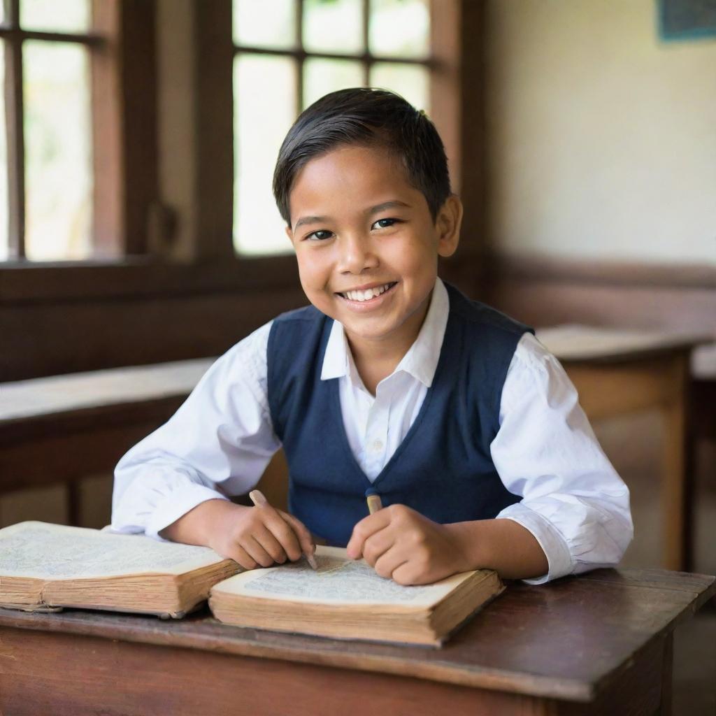 A happy young Filipino boy studying during the colonial period, dressed in period-appropriate clothing, sitting at a vintage wooden desk filled with old textbooks in a classic school building.