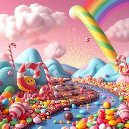 A vibrant and colorful candy-themed landscape featuring various types of candies like lollipops, gummy bears, and chocolate rivers