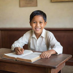 A happy young Filipino boy studying during the colonial period, dressed in period-appropriate clothing, sitting at a vintage wooden desk filled with old textbooks in a classic school building.