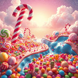 A vibrant and colorful candy-themed landscape featuring various types of candies like lollipops, gummy bears, and chocolate rivers