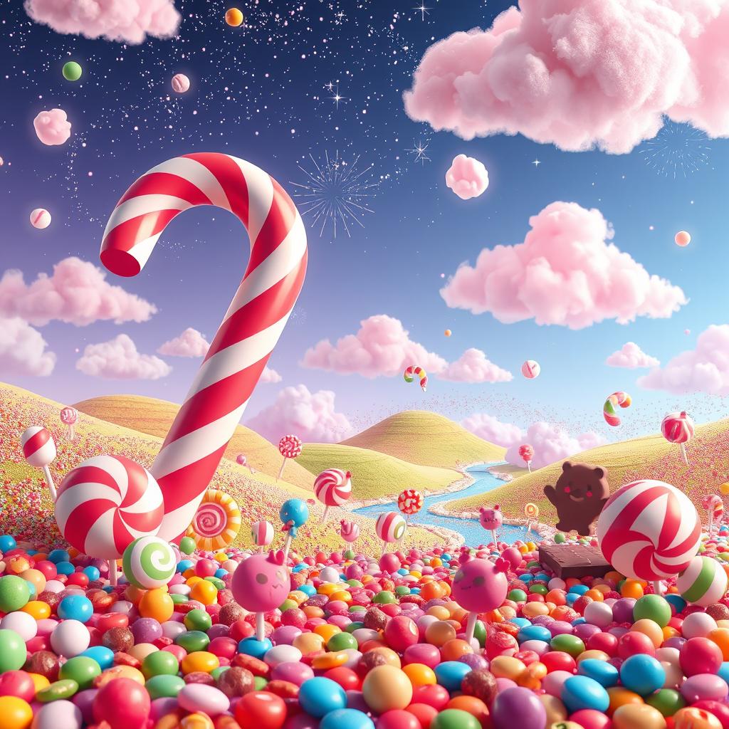 A vibrant and colorful candy-themed landscape featuring various types of candies like lollipops, gummy bears, and chocolate rivers