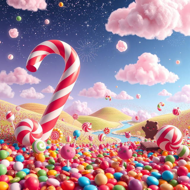 A vibrant and colorful candy-themed landscape featuring various types of candies like lollipops, gummy bears, and chocolate rivers