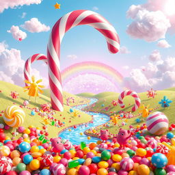 A vibrant and colorful candy-themed landscape featuring various types of candies like lollipops, gummy bears, and chocolate rivers