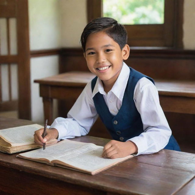 A happy young Filipino boy studying during the colonial period, dressed in period-appropriate clothing, sitting at a vintage wooden desk filled with old textbooks in a classic school building.