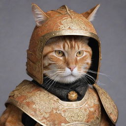 An orange cat dressed in intricate samurai armor, its whiskers poking out of the helmet while it maintains a dignified look.