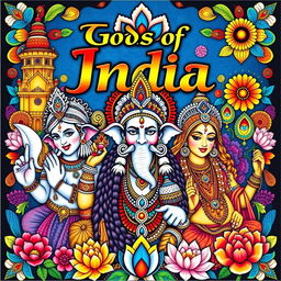 A captivating and vibrant cover design for a coloring book featuring the gods of India