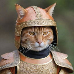 An orange cat dressed in intricate samurai armor, its whiskers poking out of the helmet while it maintains a dignified look.