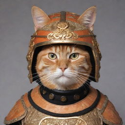 An orange cat dressed in intricate samurai armor, its whiskers poking out of the helmet while it maintains a dignified look.