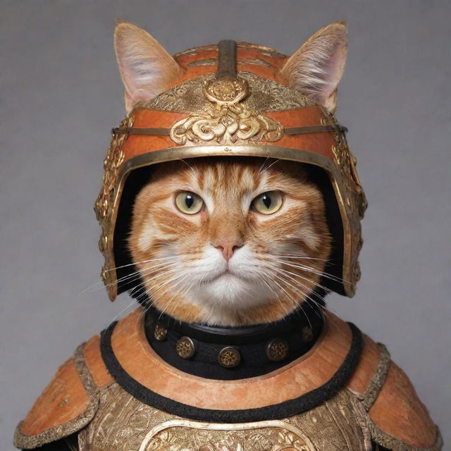 An orange cat dressed in intricate samurai armor, its whiskers poking out of the helmet while it maintains a dignified look.