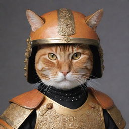 An orange cat dressed in intricate samurai armor, its whiskers poking out of the helmet while it maintains a dignified look.