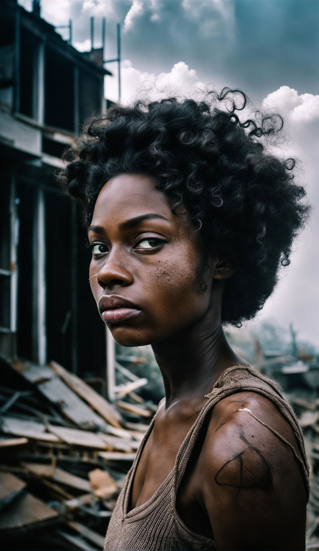 16k resolution photograph of a beautiful 23-year-old black woman with pale hazel green eyes and symmetrical features in a war-torn setting. Low light, side head view shot by James Nachtwey.