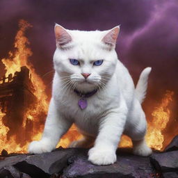 Introduce an equally mighty white cat, locked in epic combat with the monstrous purple cat amidst the fire and destruction reigning over the world.