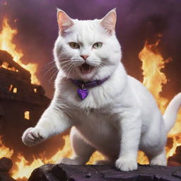 Introduce an equally mighty white cat, locked in epic combat with the monstrous purple cat amidst the fire and destruction reigning over the world.