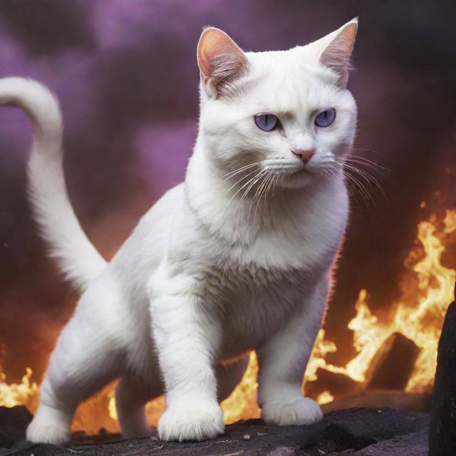 Introduce an equally mighty white cat, locked in epic combat with the monstrous purple cat amidst the fire and destruction reigning over the world.