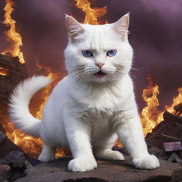 Introduce an equally mighty white cat, locked in epic combat with the monstrous purple cat amidst the fire and destruction reigning over the world.