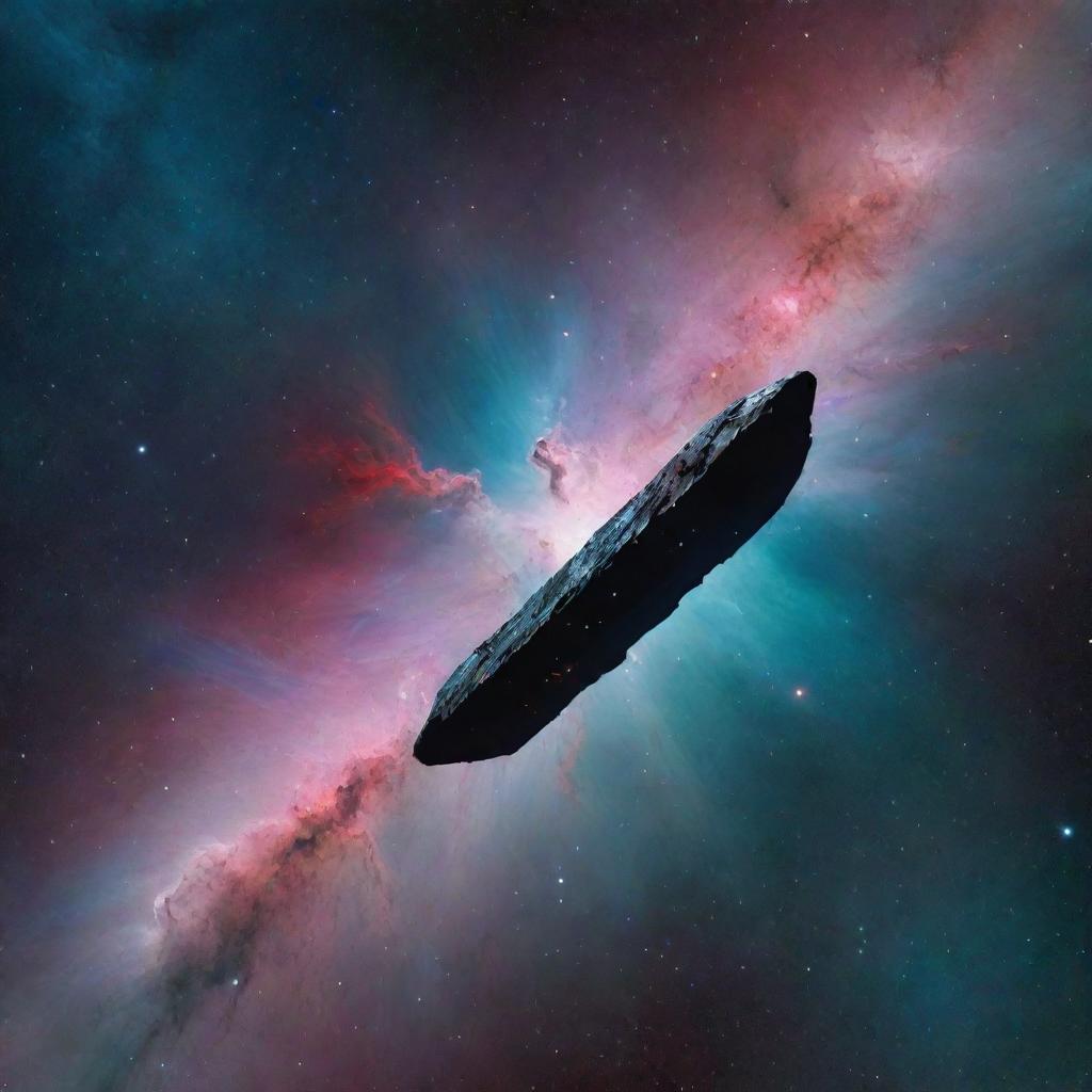 Generate a stunning image of a solitary spaceship orbiting a mesmerizing, colorful nebula in deep space with distant stars twinkling in the backdrop.