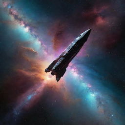 Generate a stunning image of a solitary spaceship orbiting a mesmerizing, colorful nebula in deep space with distant stars twinkling in the backdrop.