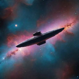 Generate a stunning image of a solitary spaceship orbiting a mesmerizing, colorful nebula in deep space with distant stars twinkling in the backdrop.