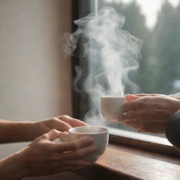 Modify the image to specifically depict the user's hand elegantly holding a steaming cup of coffee, bathed in soft morning light inside a cozy room.