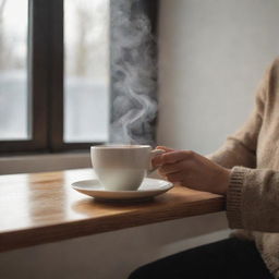 Modify the image to specifically depict the user's hand elegantly holding a steaming cup of coffee, bathed in soft morning light inside a cozy room.